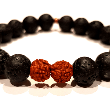 Close up of Handmade Grounding Bracelet – Lava Stone & Rudraksha on white background